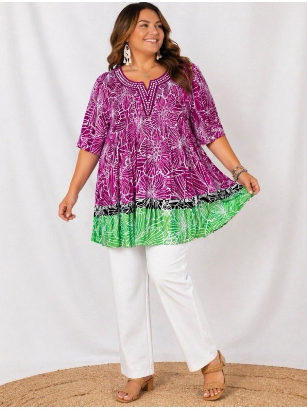 Catherines Tunic Top Magenta Green Beaded Short  Sleeves Size 1X 18/20W